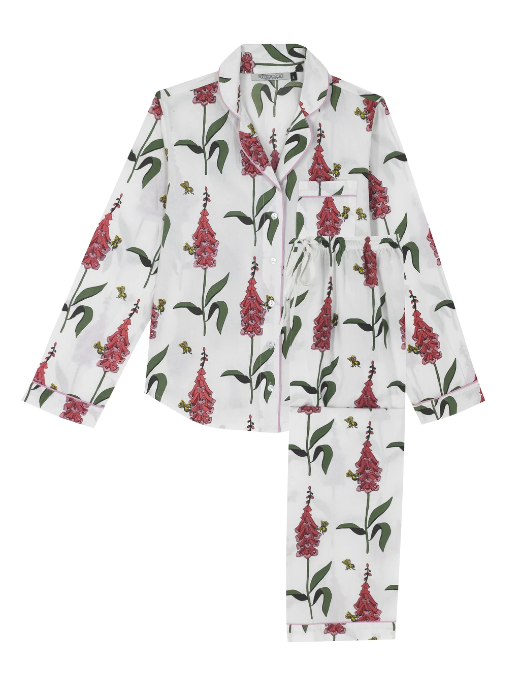 Ladies Traditional Cotton Pyjama Set, White Foxglove Print