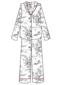 Ladies Traditional Cotton Pyjama Set, Grey Toile Du Jour Print