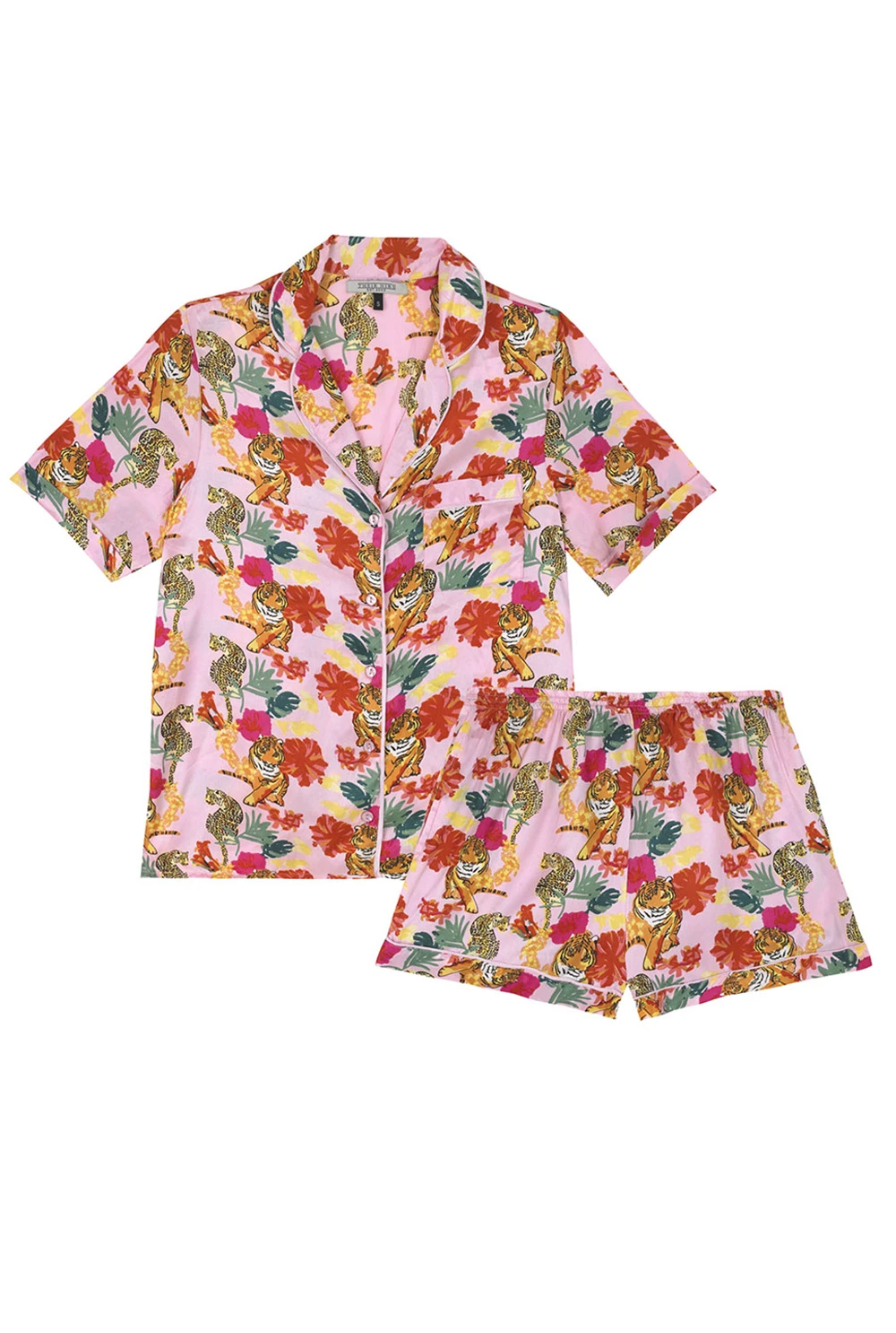 Traditional Satin Pyjama Shortie Set, Pink Tropical Tiger