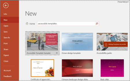 Templates view in PowerPoint for Windows.