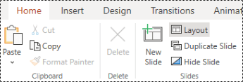 Layout button on the Home tab ribbon in PowerPoint Online.