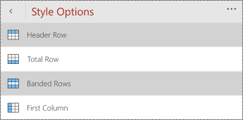 Header menu in the Table tab in PowerPoint for Windows Phones.