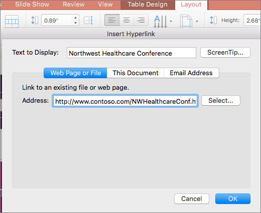 Screenshot of the Insert Hyperlink dialog box