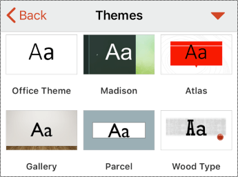 Themes menu in PowerPoint for iOS.