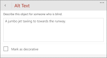 Alt text dialog for images in PowerPoint for Windows Phones.