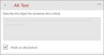 Mark as decorative option selected in the alt text dialog for PowerPoint for Windows Phone.
