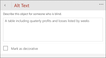 Alt text dialog for tables in PowerPoint for Windows Phones.