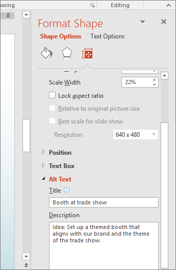 Screenshot of the Format Shape pane with the Alt Text boxes describing the selected shape
