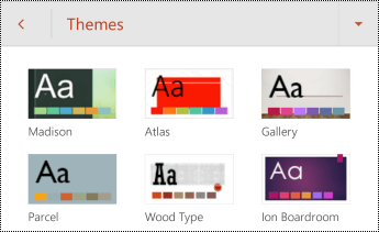Themes for slides in PowerPoint for Android.