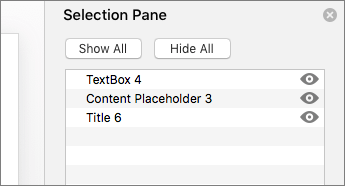 Screenshot of the Selection pane showing the eye icon next to the Title placeholder