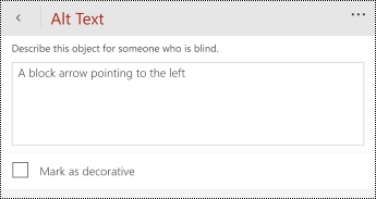 Alt text dialog for shapes in PowerPoint for Windows Phones.