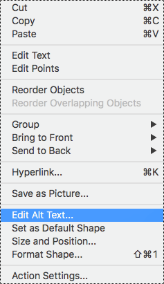 Context menu for shapes with alt text option selected.